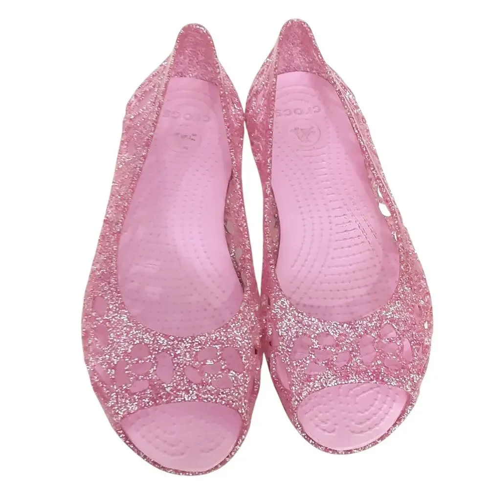 Crocs Isabella Gel Sandals Girls 1 Peep Toe Jelly Ballet Flats Pink Glitter Shoe
